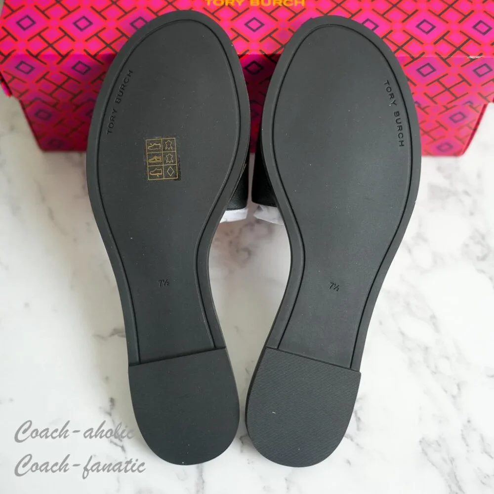 NIB Tory Burch Everly Embellished Crystal Logo Flat Slide Sandal Black Leather